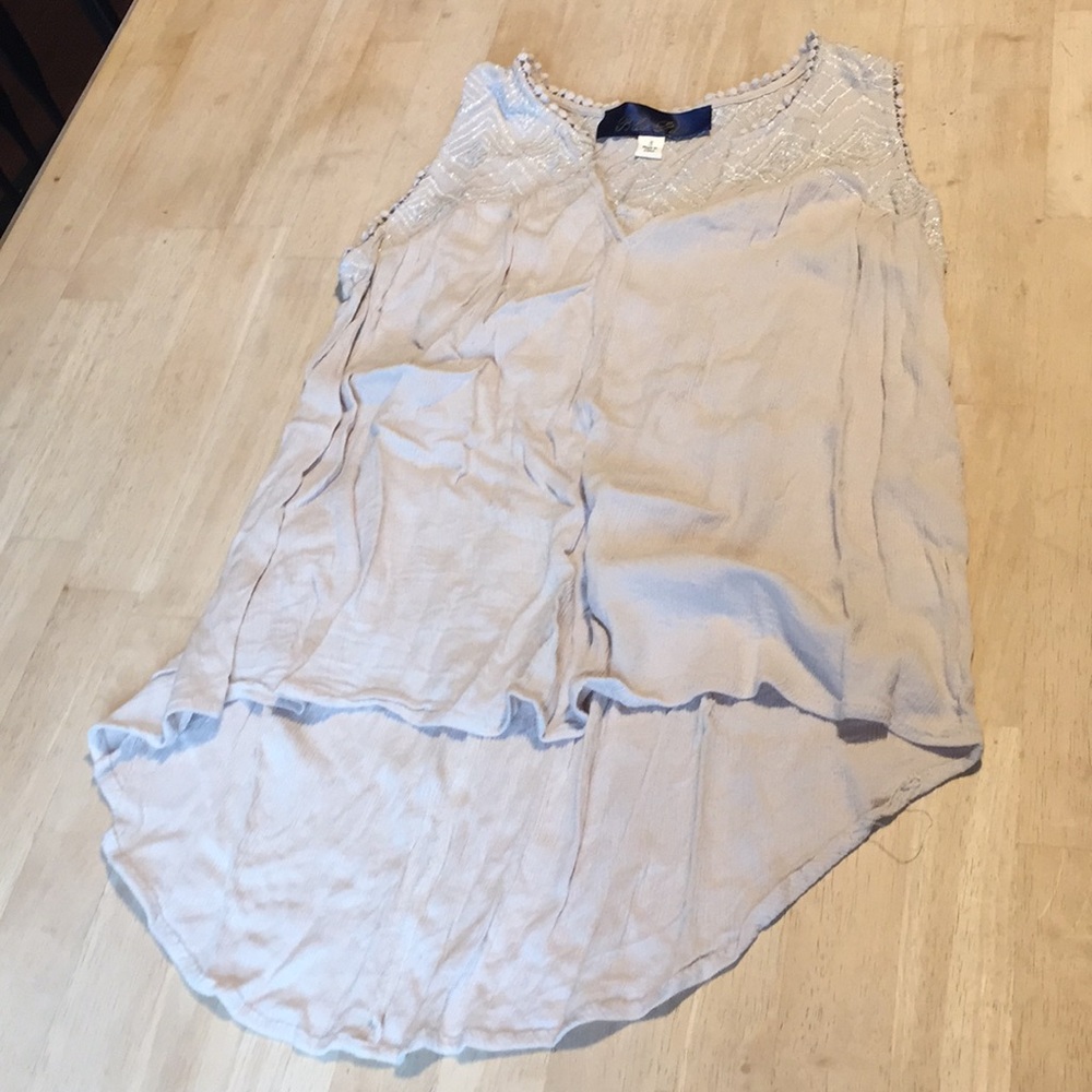 Sleeveless gauzey top, silver embroidery.